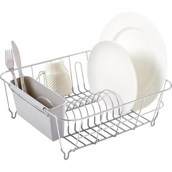 Dish drying rack with utensil holder compact in sink kitchen organizer silver - Picture 7 of 7